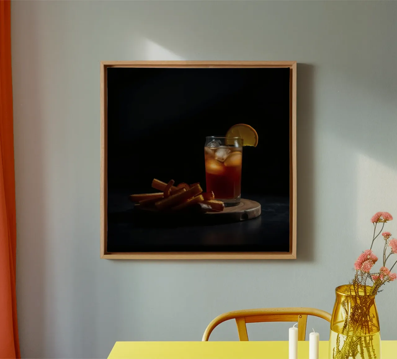Refreshing drink with orange garnish served on wooden board canvas with Floater frame by DesignDoodle