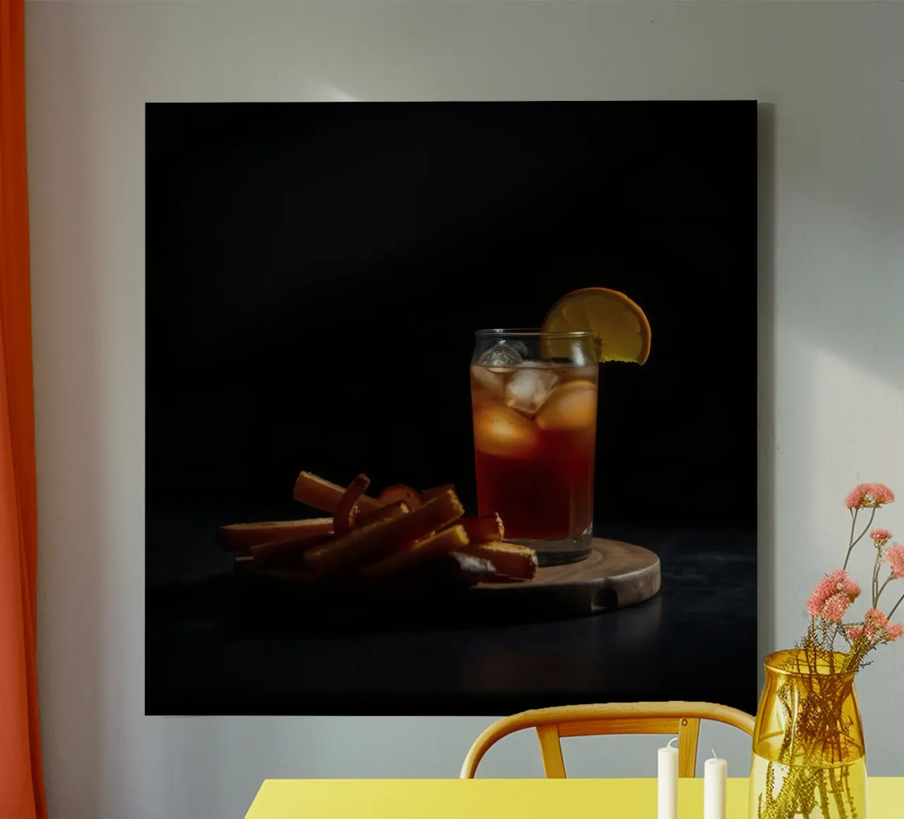 Refreshing drink with orange garnish served on wooden board canvas with Floater frame by DesignDoodle