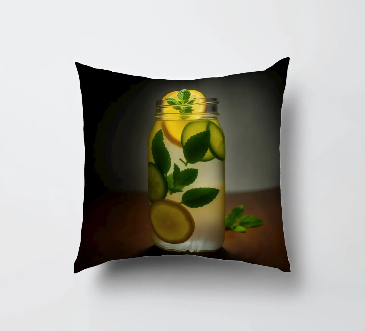 Refreshing lemonade with mint leaves and cucumber slices decorative cushion by DesignDoodle