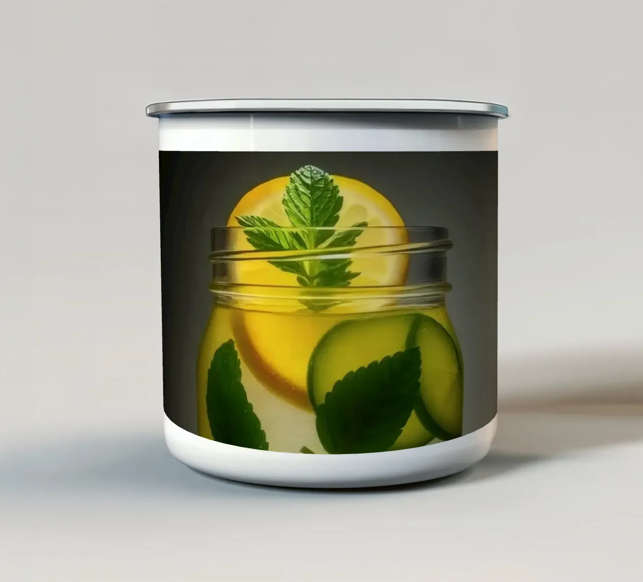 Refreshing lemonade with mint leaves and cucumber slices enamel mug by DesignDoodle