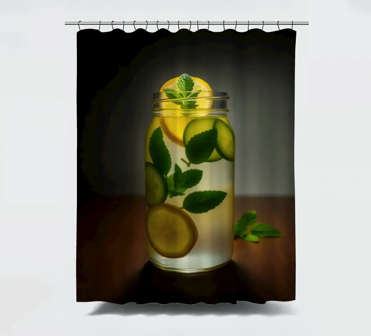 Refreshing lemonade with mint leaves and cucumber slices shower curtain by DesignDoodle