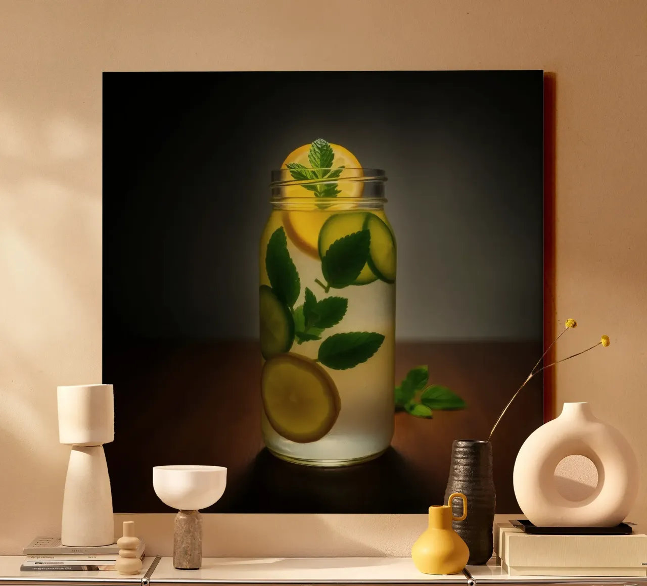 Refreshing lemonade with mint leaves and cucumber slices canvas by DesignDoodle