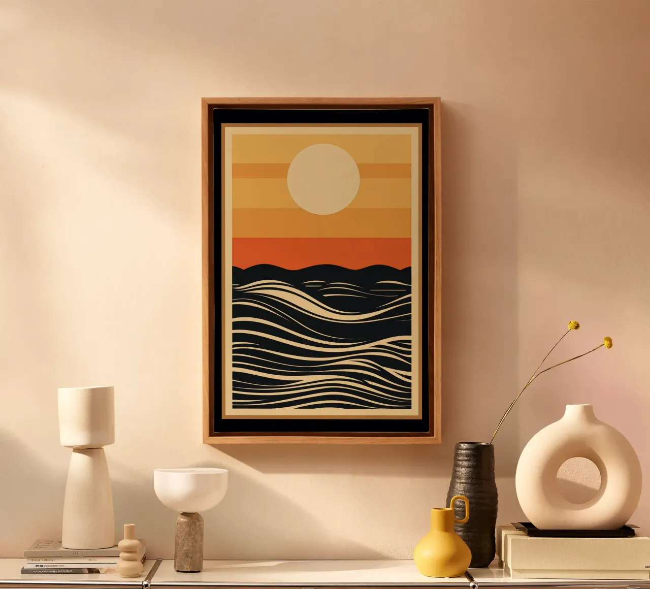 Abstracte zonsondergang canvas met Baklijst van Imagine