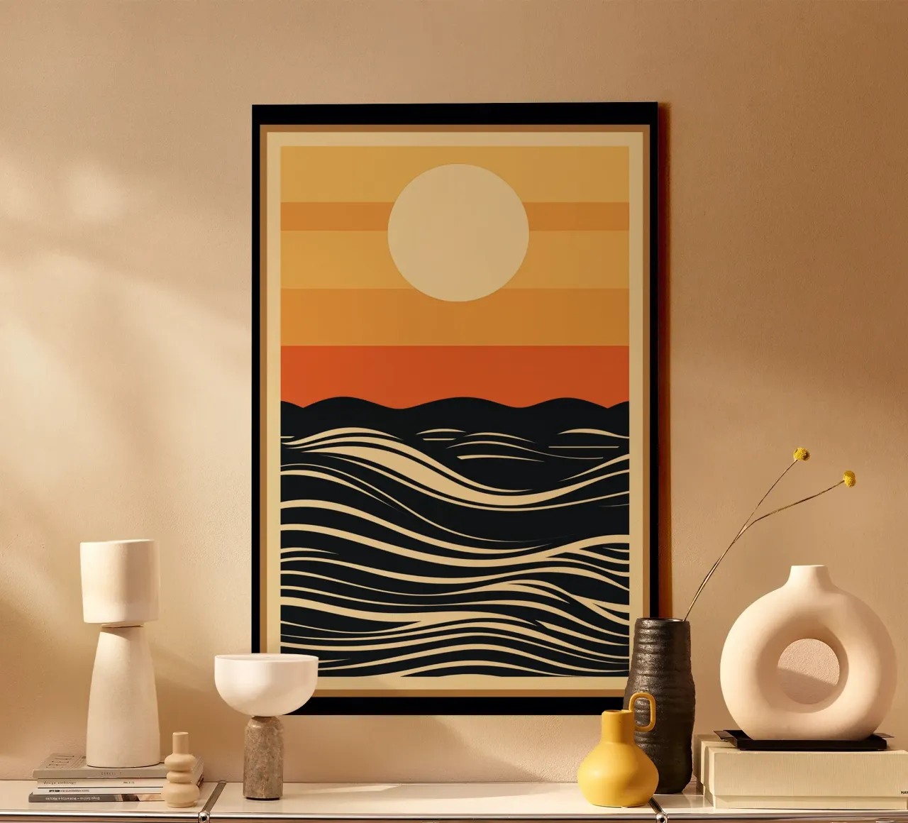 Abstracte zonsondergang canvas met Baklijst van Imagine