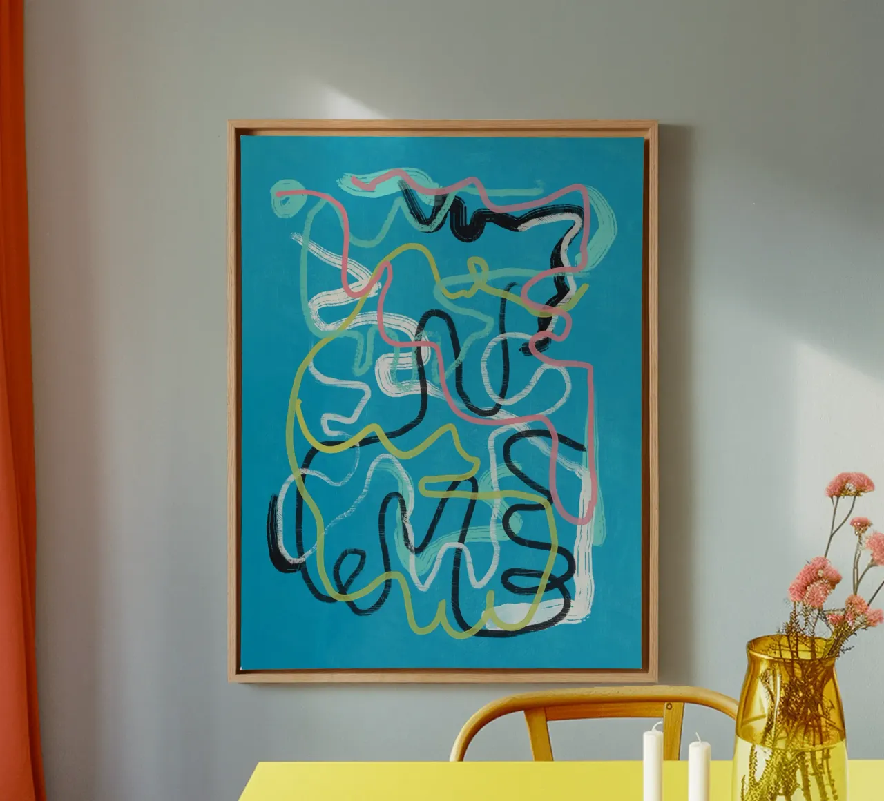 Veelkleurige abstracte lijnkunst canvas met Baklijst van Little Dean
