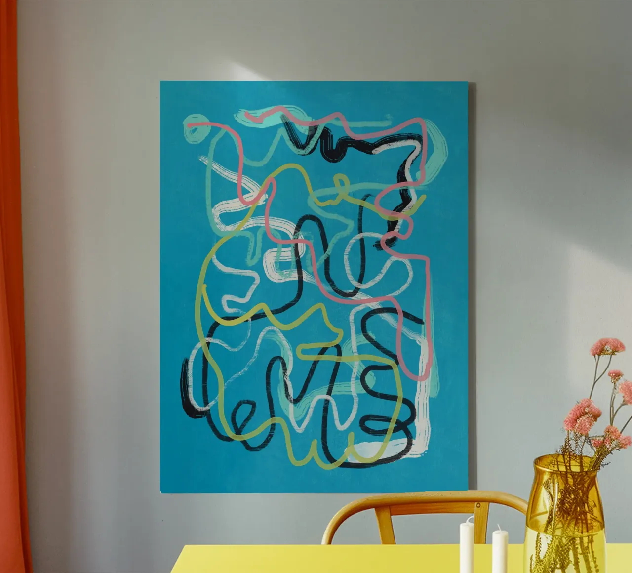 Veelkleurige abstracte lijnkunst canvas met Baklijst van Little Dean