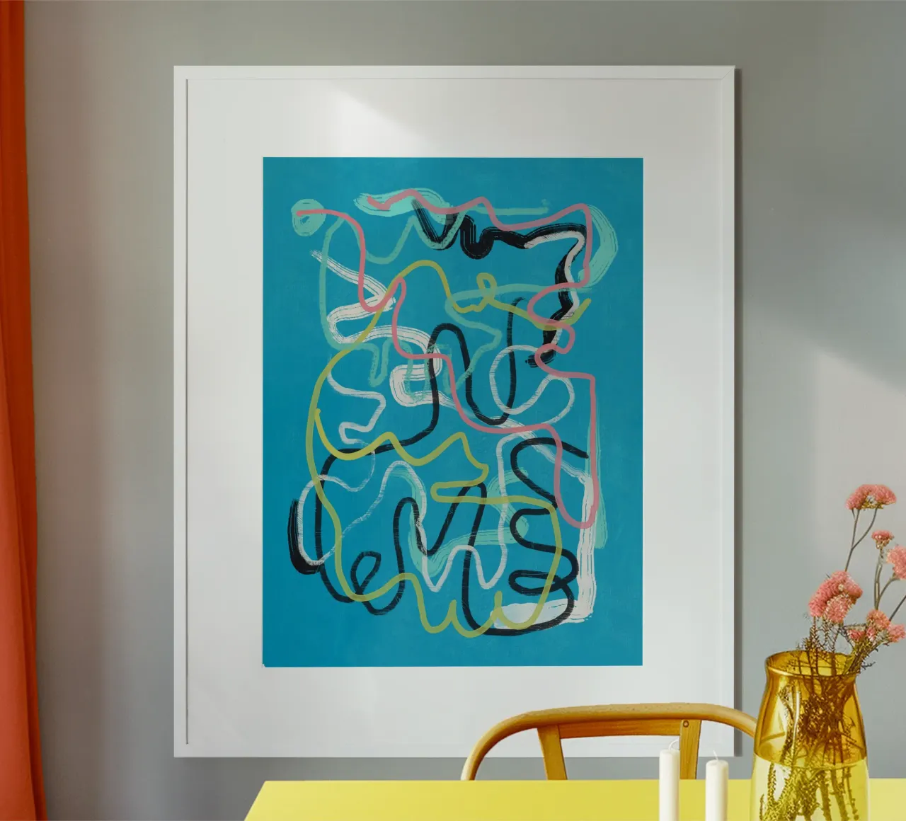 Linea d'arte multicolore astratta poster con telaio in legno da Little Dean