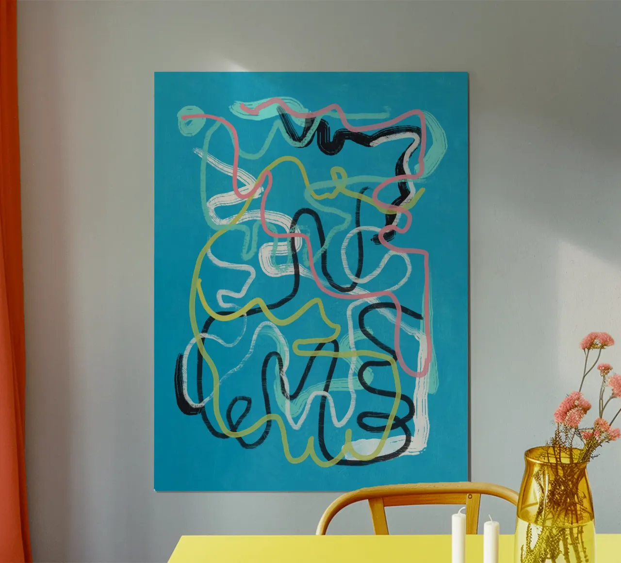 Linea d'arte multicolore astratta poster con telaio in legno da Little Dean