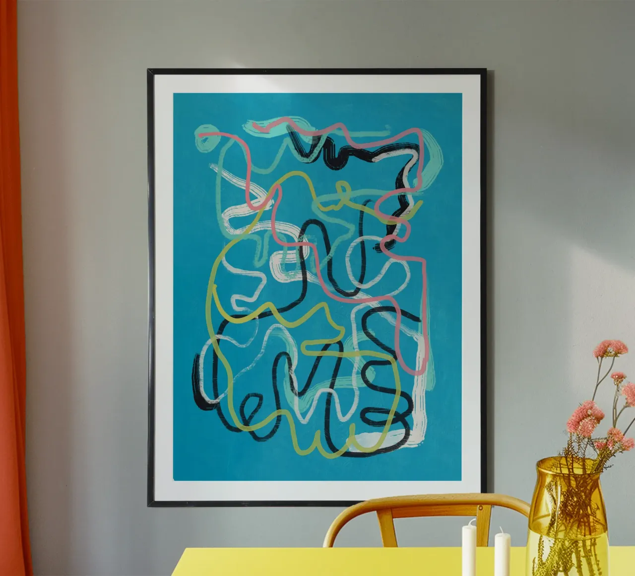 Linea d'arte multicolore astratta poster con telaio in legno da Little Dean