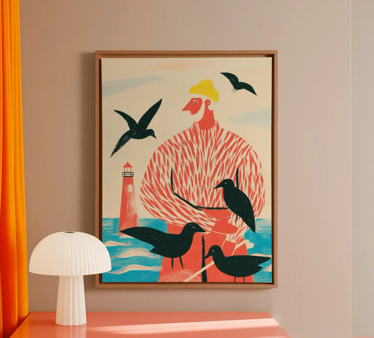 The Fisherman with the Black Seagulls | Printmaking canvas with Floater frame by Autofocus