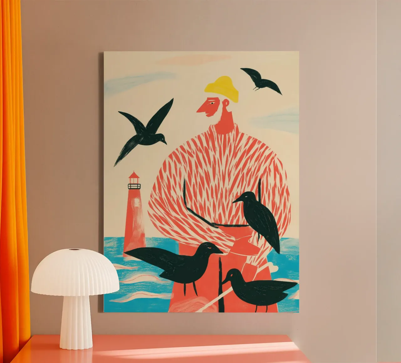 The Fisherman with the Black Seagulls | Printmaking canvas with Floater frame by Autofocus