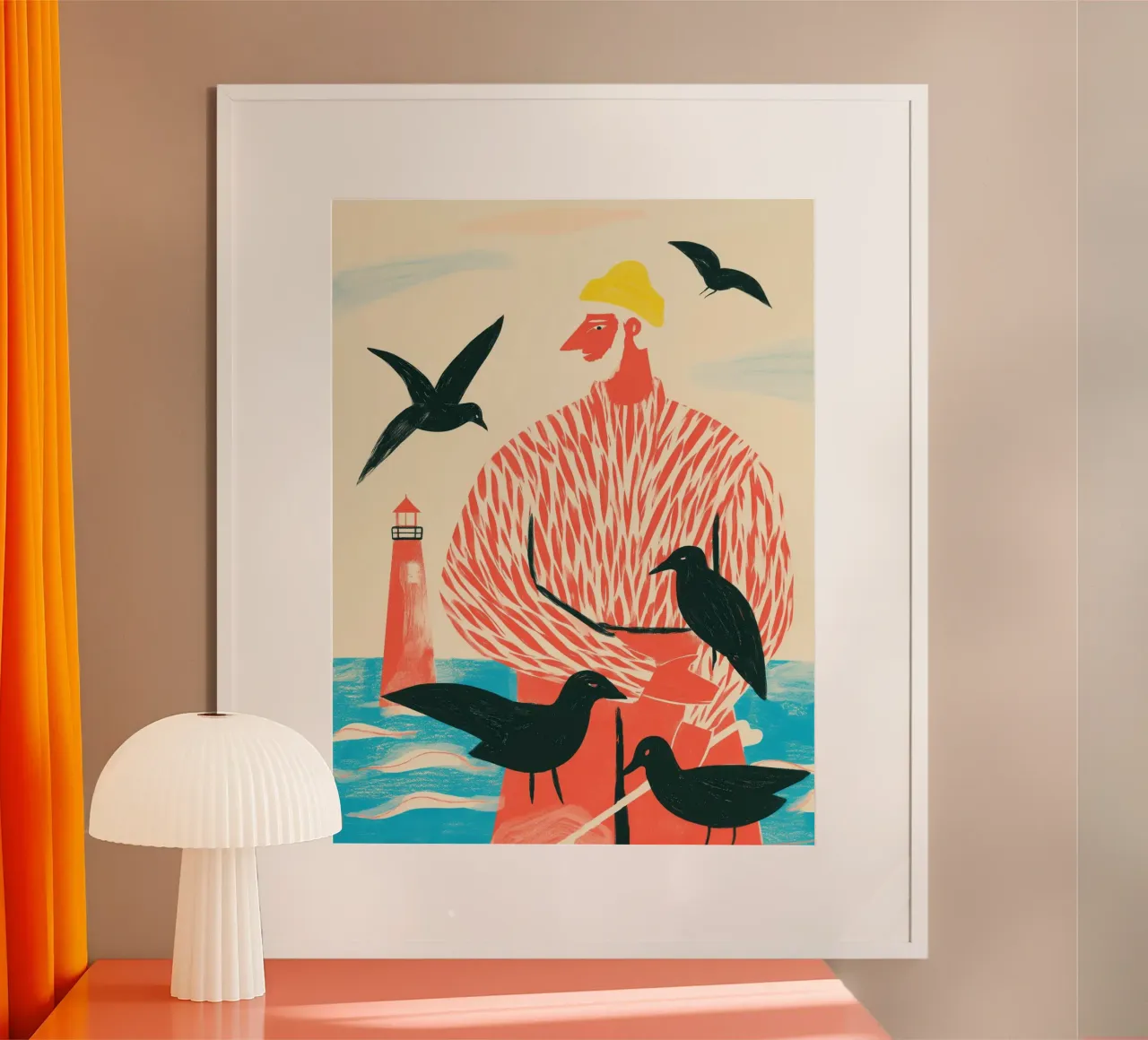 Il pescatore con i gabbiani neri | Stampa poster con telaio in legno da Autofocus