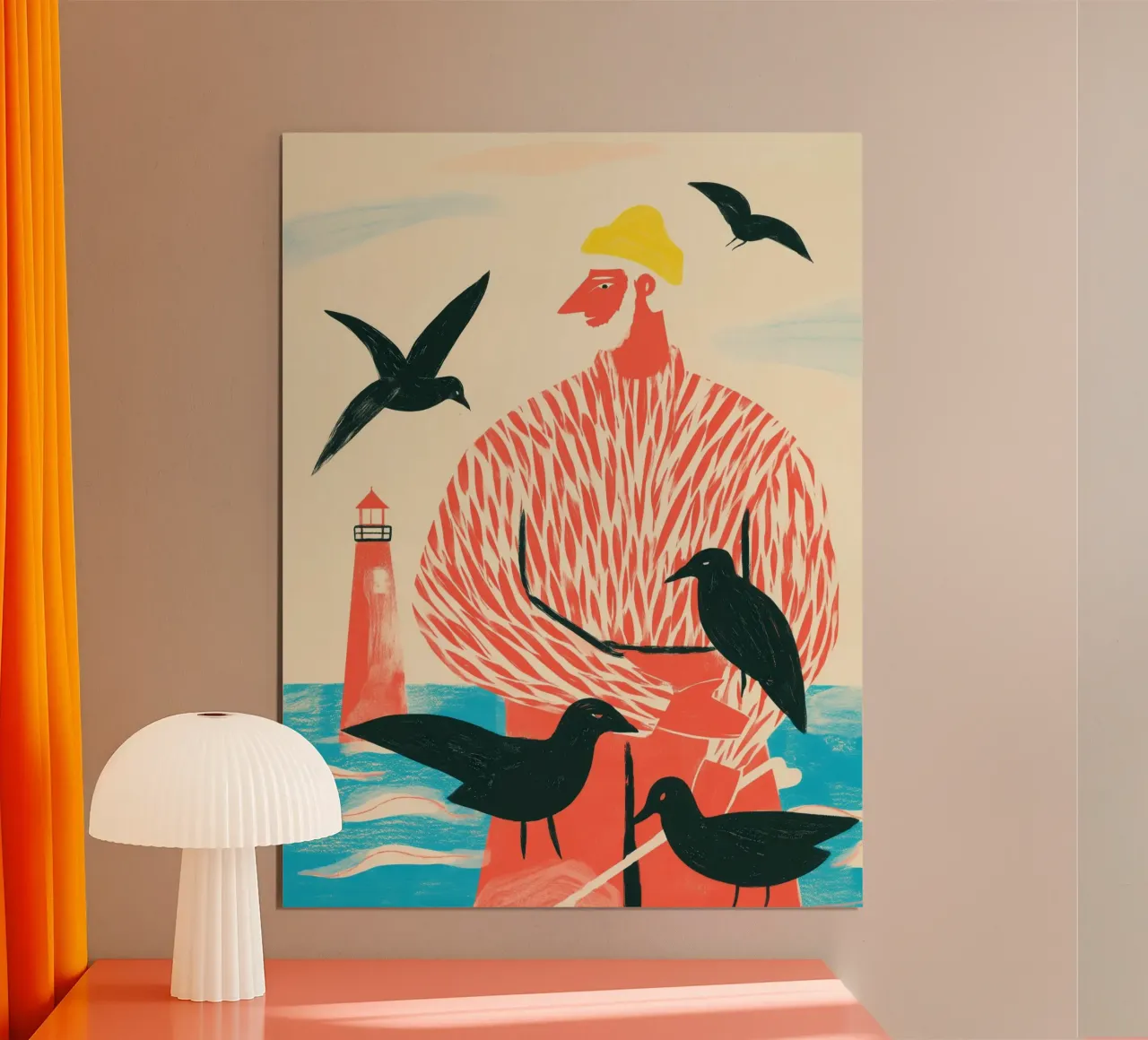Il pescatore con i gabbiani neri | Stampa poster con telaio in legno da Autofocus