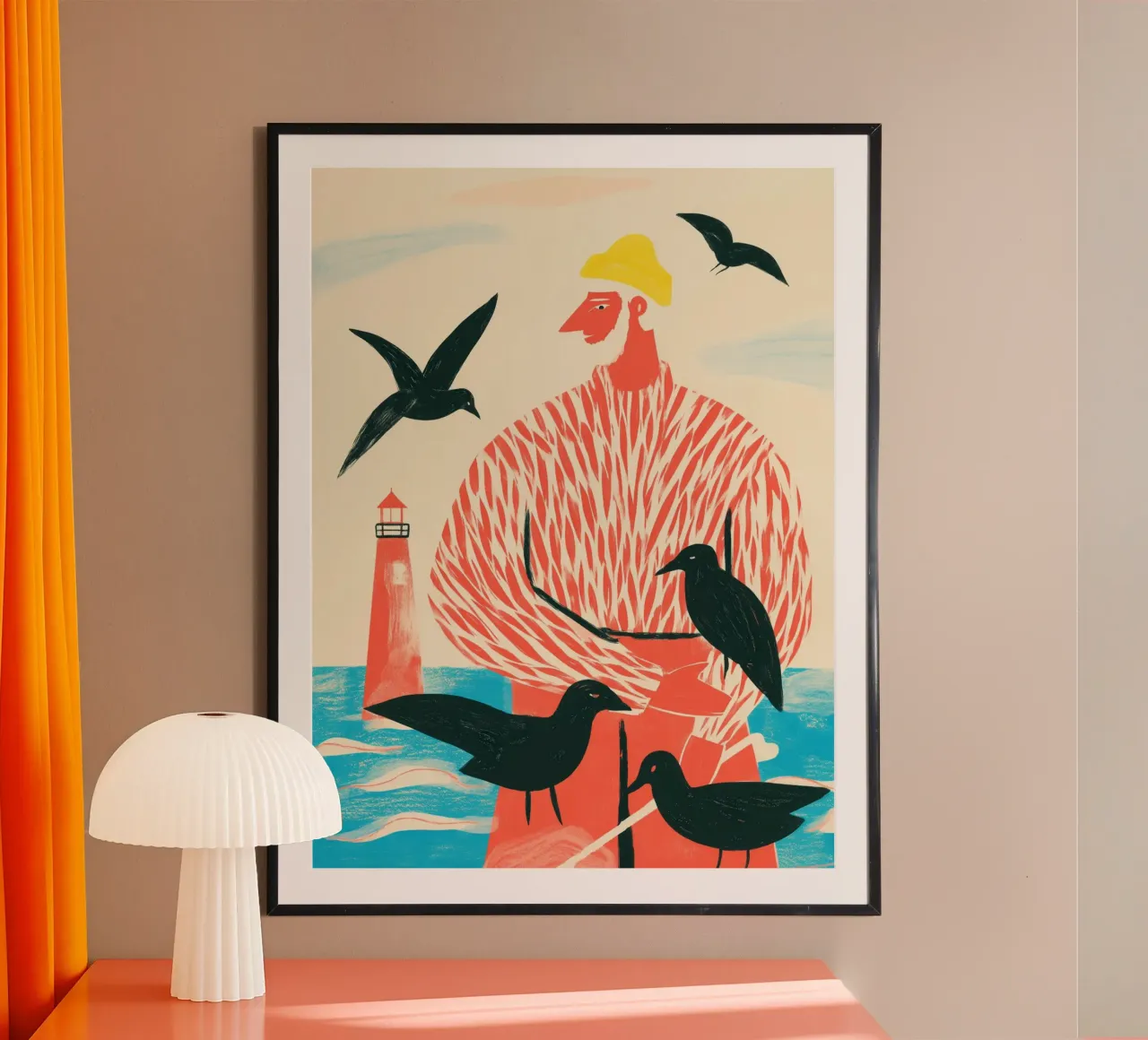 Il pescatore con i gabbiani neri | Stampa poster con telaio in legno da Autofocus