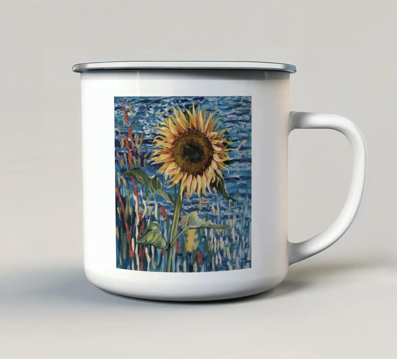 Sguardo del sole sul fiume tazza in smalto da Obisidian Brush