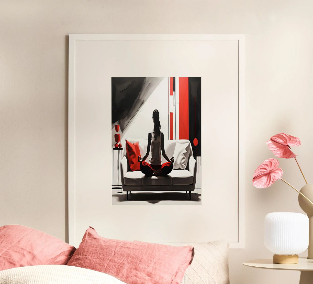 Yoga silhouet kunst vrouw mediterend op een witte bank poster van Cold Wild