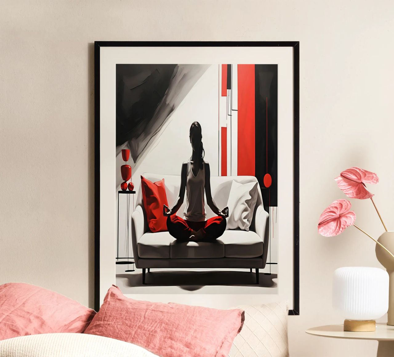 Yoga silhouet kunst vrouw mediterend op een witte bank poster van Cold Wild