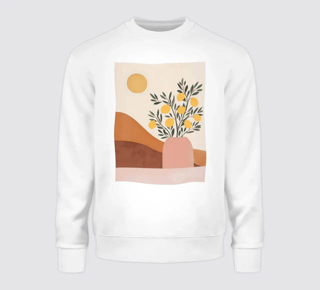 Boho Lemon Plant in Vase with Abstract Mountain Moon Art sweatshirt by Gentle Echoes Art