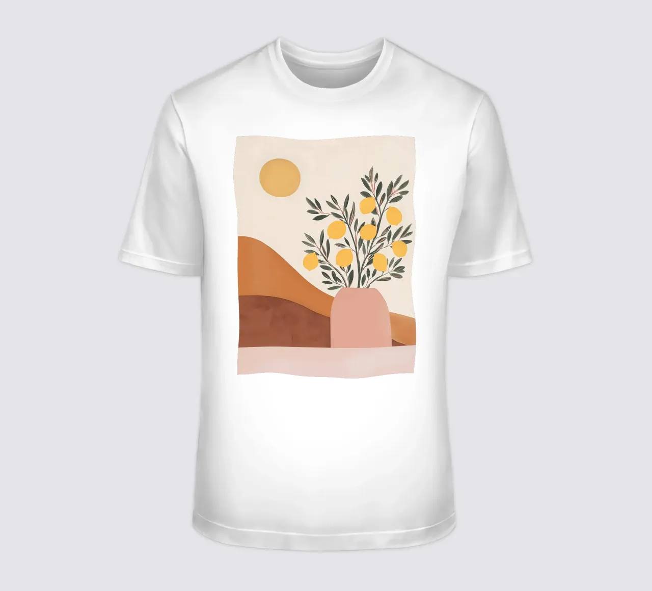 Boho Lemon Plant in Vase with Abstract Mountain Moon Art t-shirt by Gentle Echoes Art
