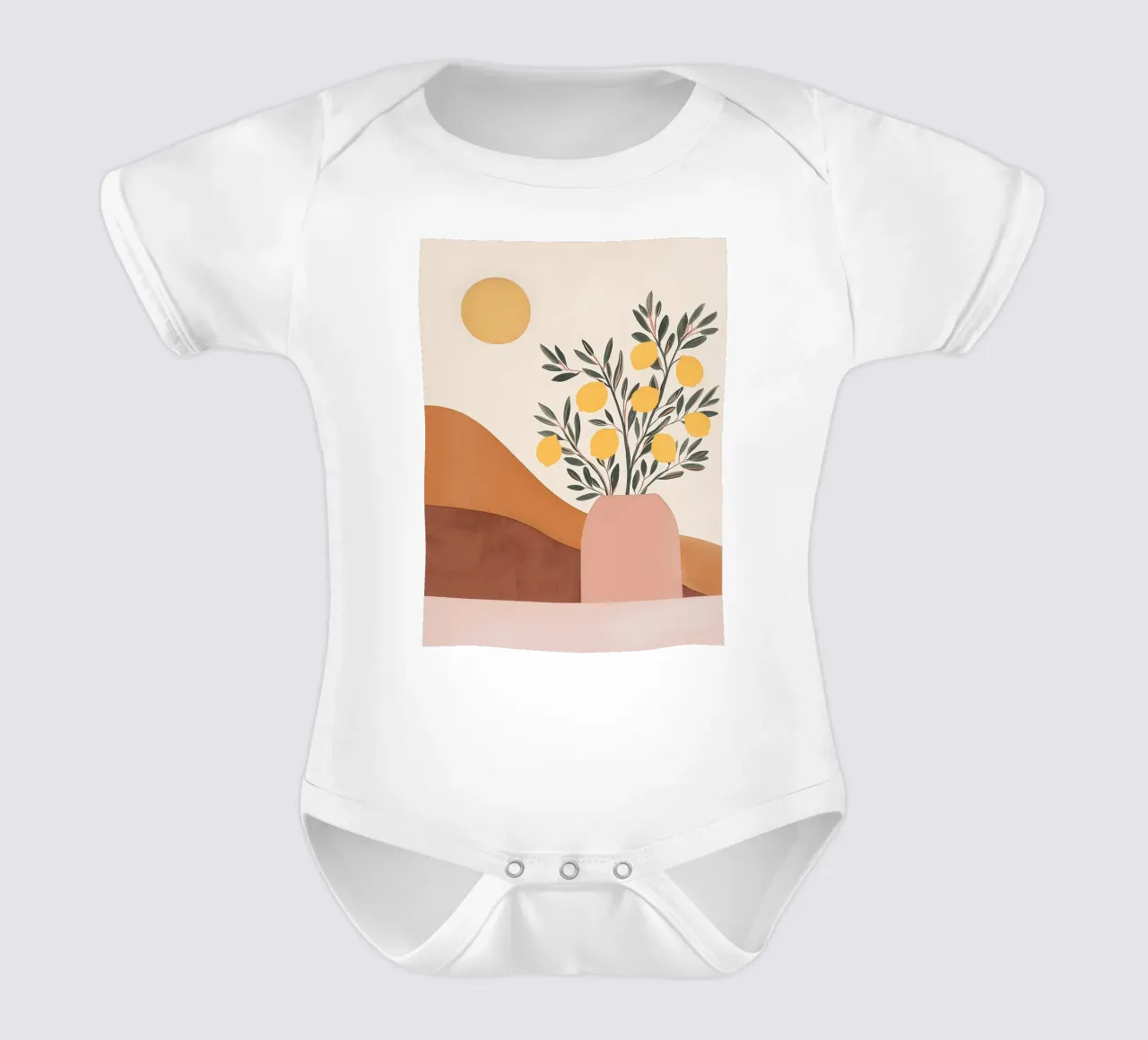 Boho Lemon Plant in Vase with Abstract Mountain Moon Art short-sleeve baby romper by Gentle Echoes Art