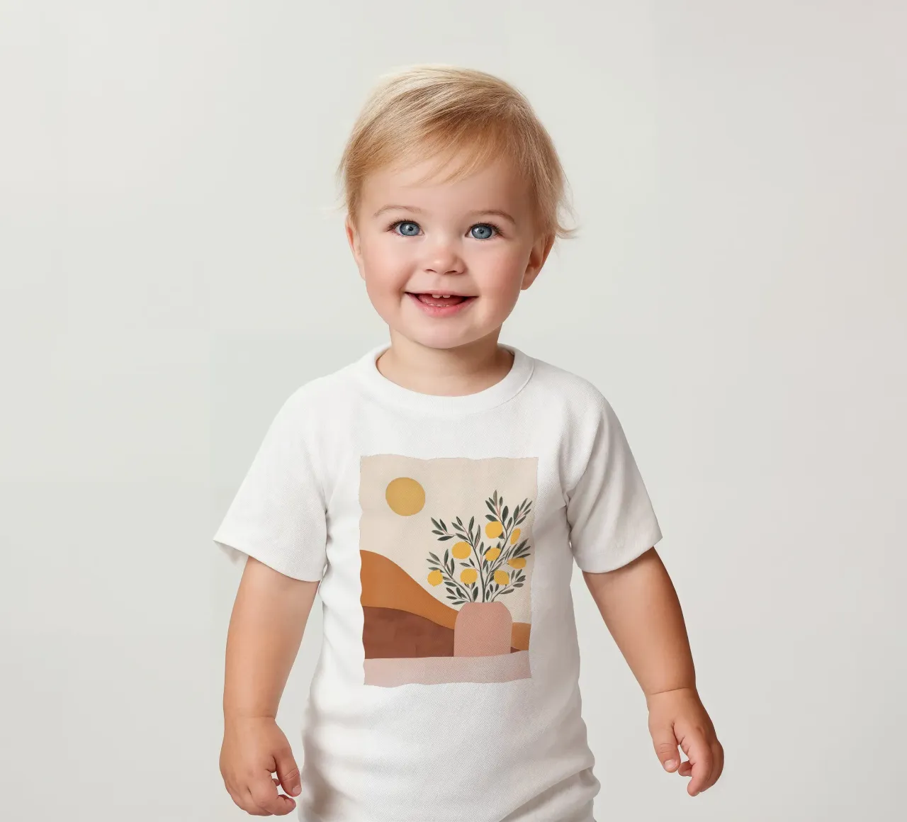 Boho Lemon Plant in Vase with Abstract Mountain Moon Art baby t-shirt by Gentle Echoes Art