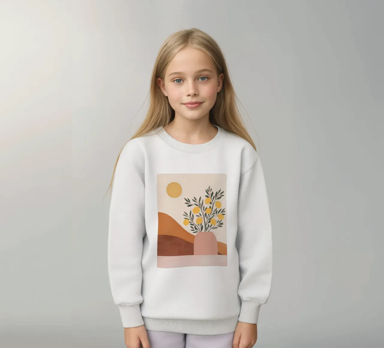 Boho Lemon Plant in Vase with Abstract Mountain Moon Art kids sweatshirt by Gentle Echoes Art