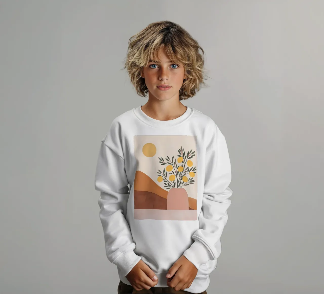 Boho Lemon Plant in Vase with Abstract Mountain Moon Art kids sweatshirt by Gentle Echoes Art