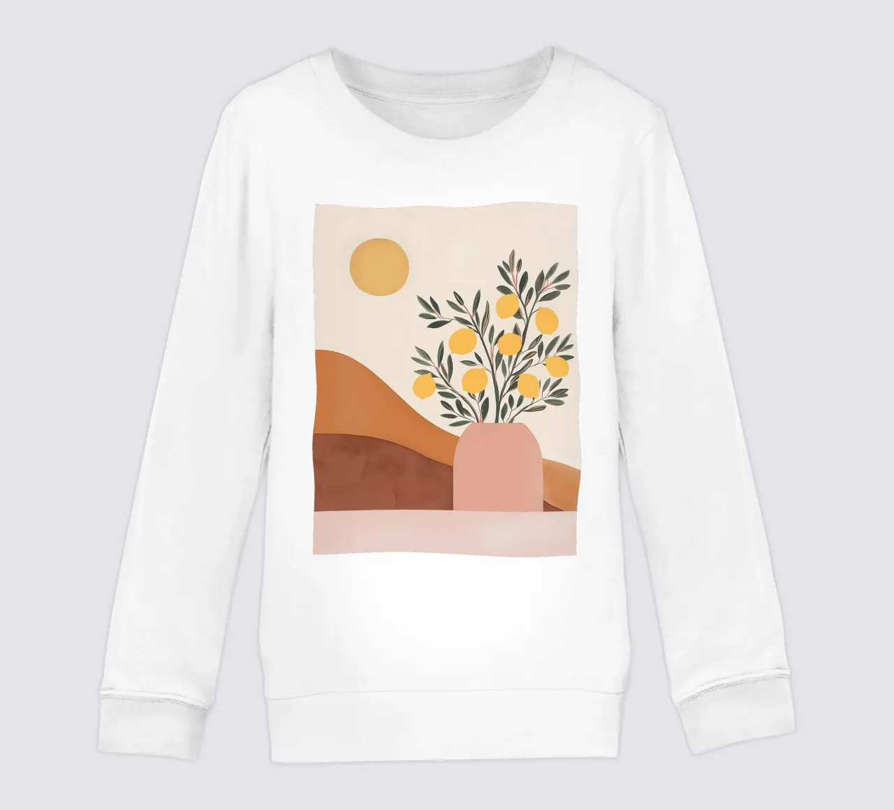 Boho Lemon Plant in Vase with Abstract Mountain Moon Art kids sweatshirt by Gentle Echoes Art