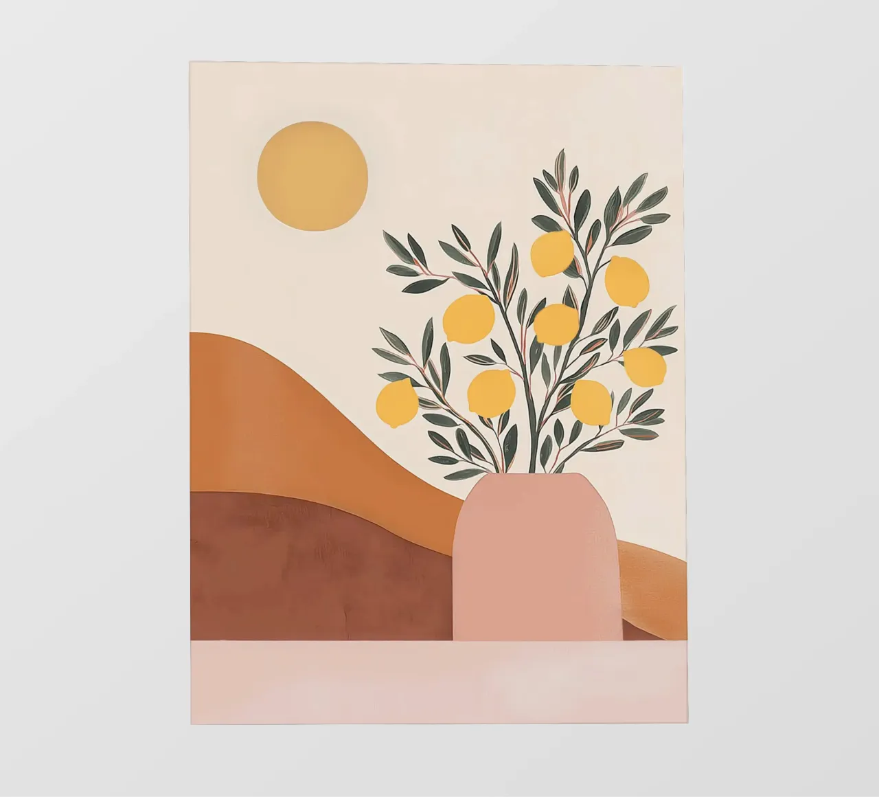 Boho Lemon Plant in Vase with Abstract Mountain Moon Art backlit film by Gentle Echoes Art