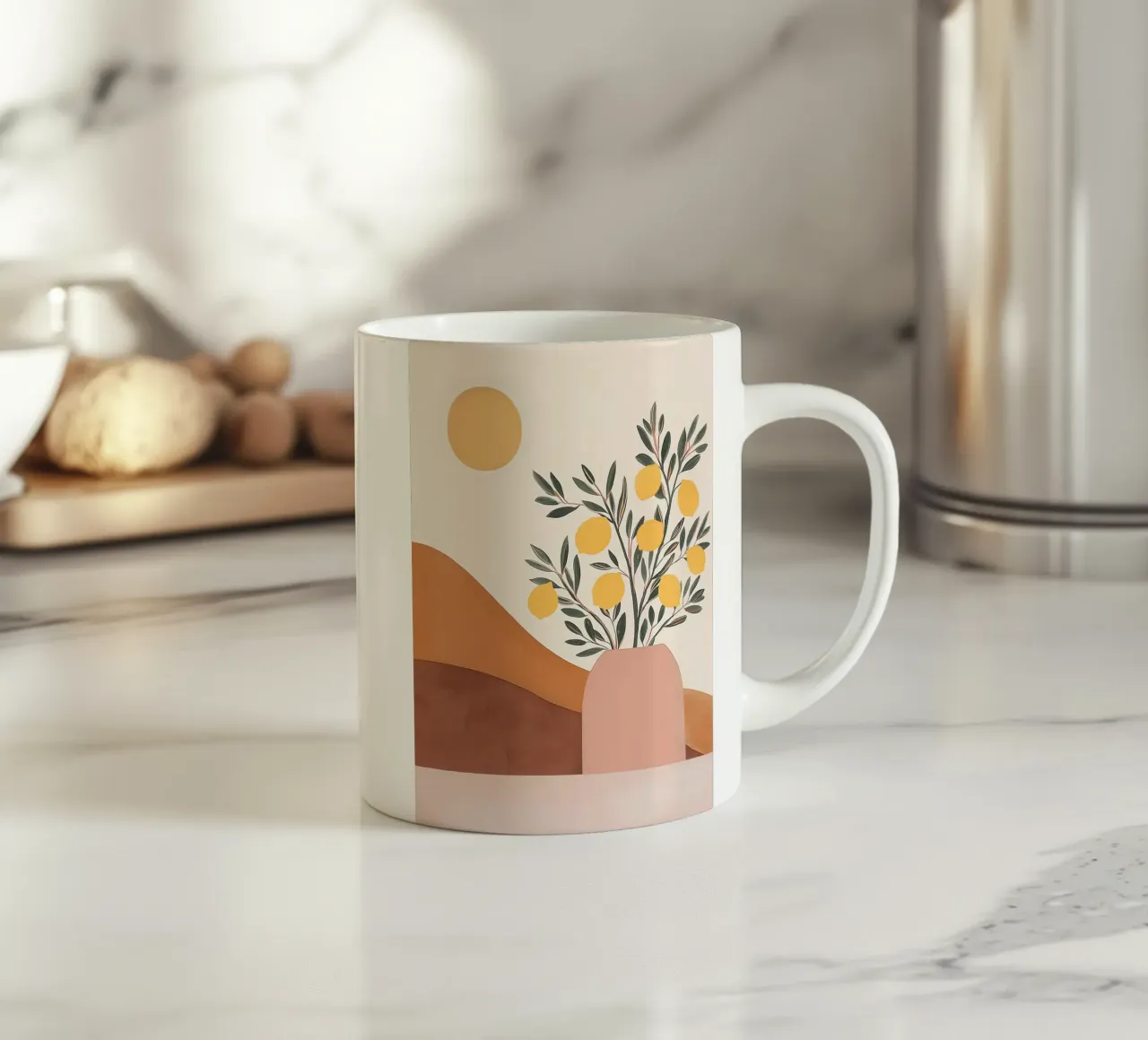 Boho Lemon Plant in Vase with Abstract Mountain Moon Art ceramic mug by Gentle Echoes Art