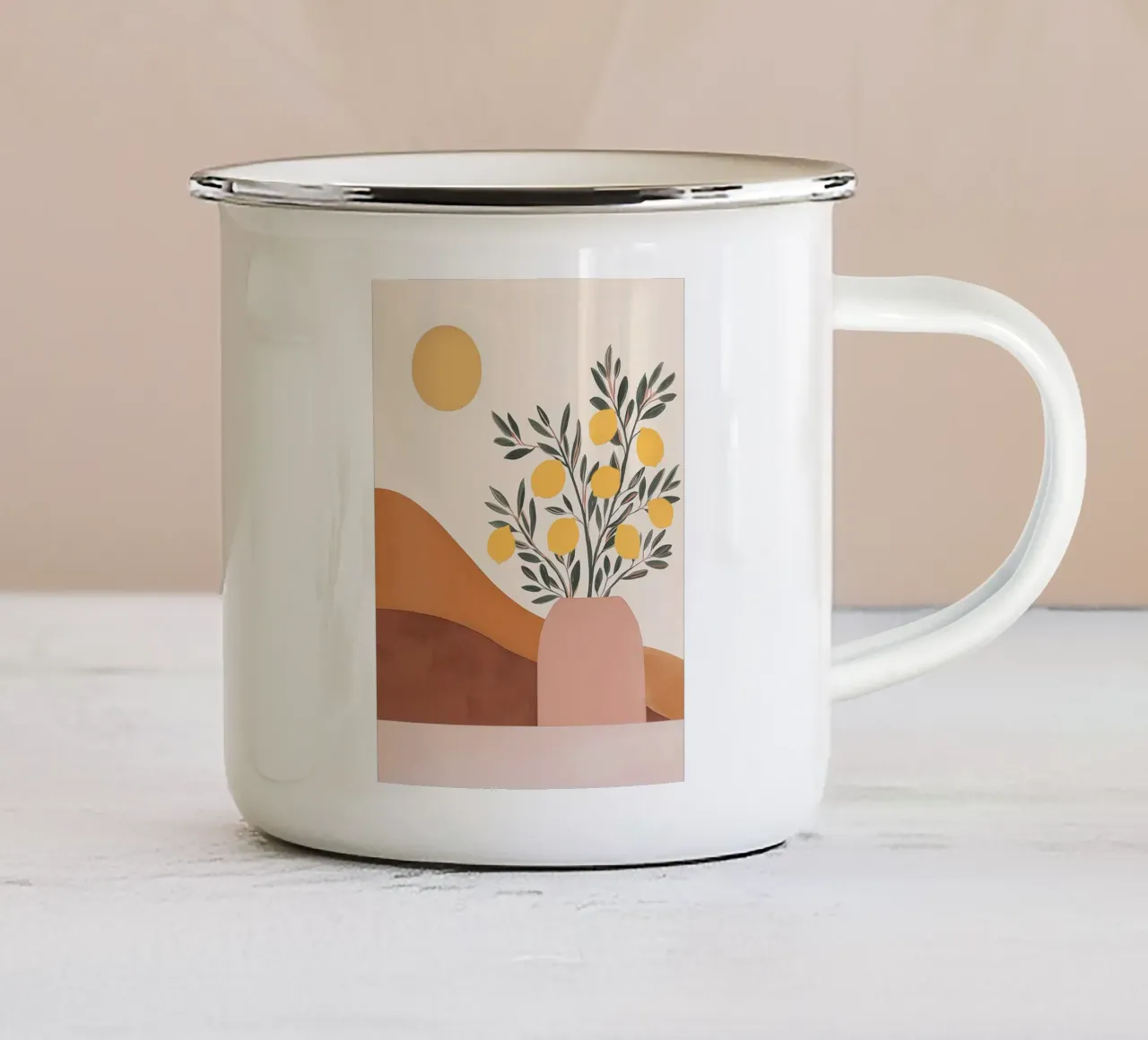 Boho Lemon Plant in Vase with Abstract Mountain Moon Art enamel mug by Gentle Echoes Art