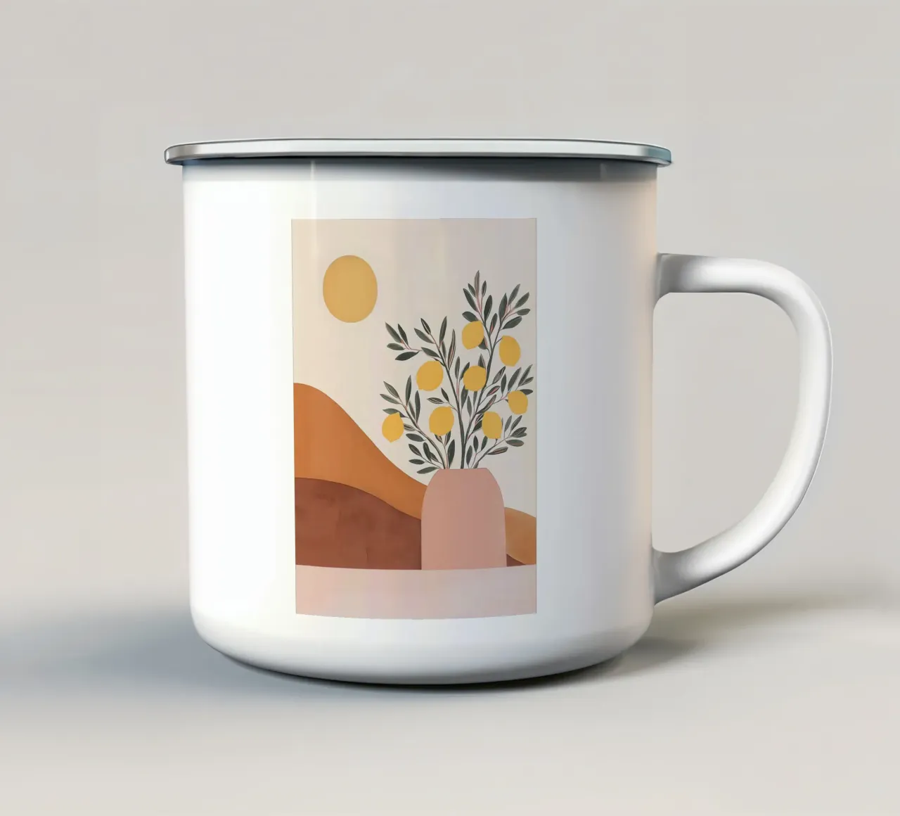 Boho Lemon Plant in Vase with Abstract Mountain Moon Art enamel mug by Gentle Echoes Art