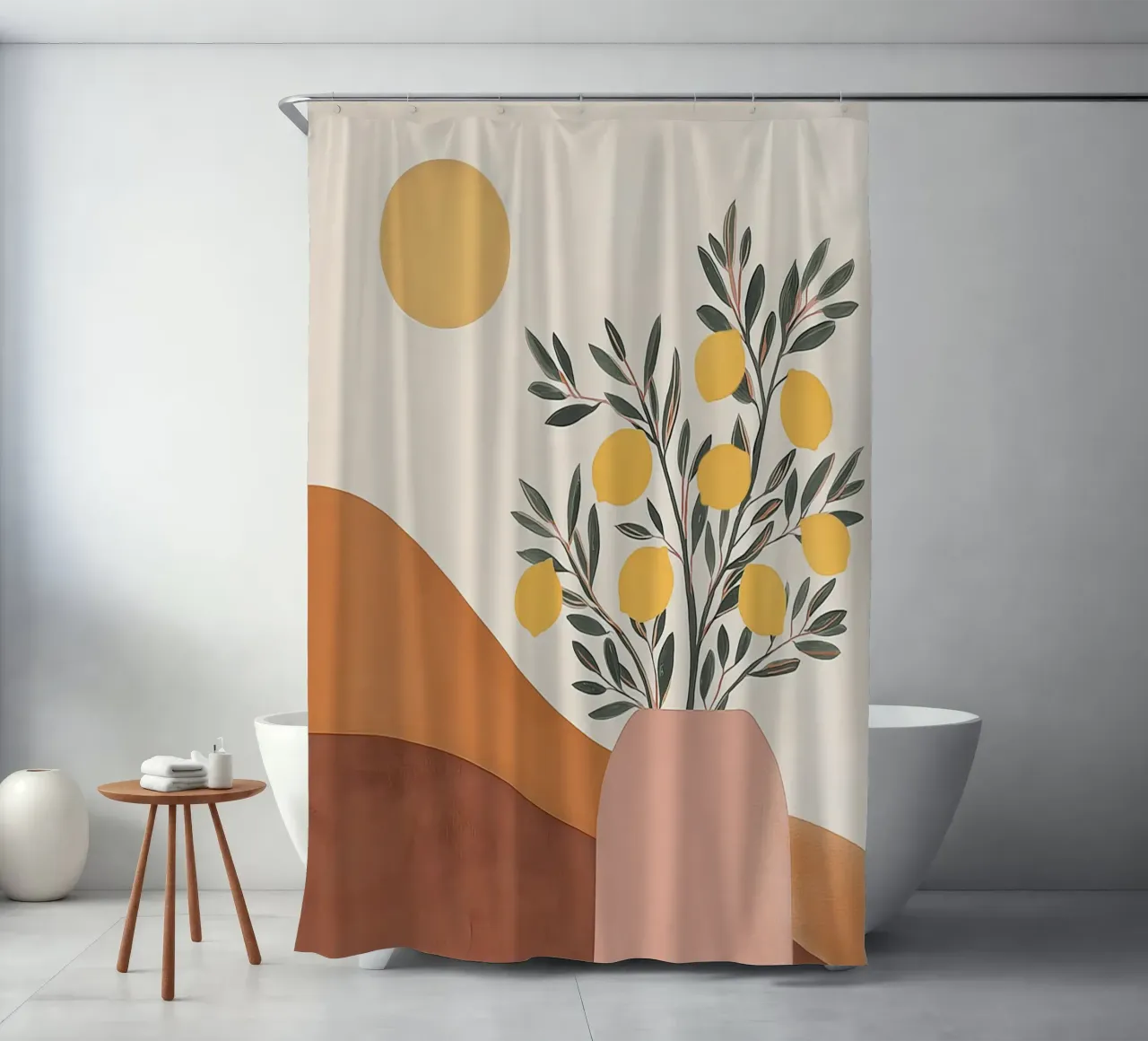 Boho Lemon Plant in Vase with Abstract Mountain Moon Art shower curtain by Gentle Echoes Art