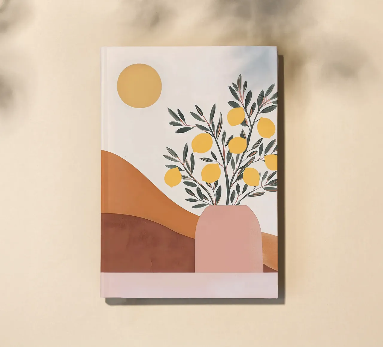 Boho Lemon Plant in Vase with Abstract Mountain Moon Art notebook by Gentle Echoes Art