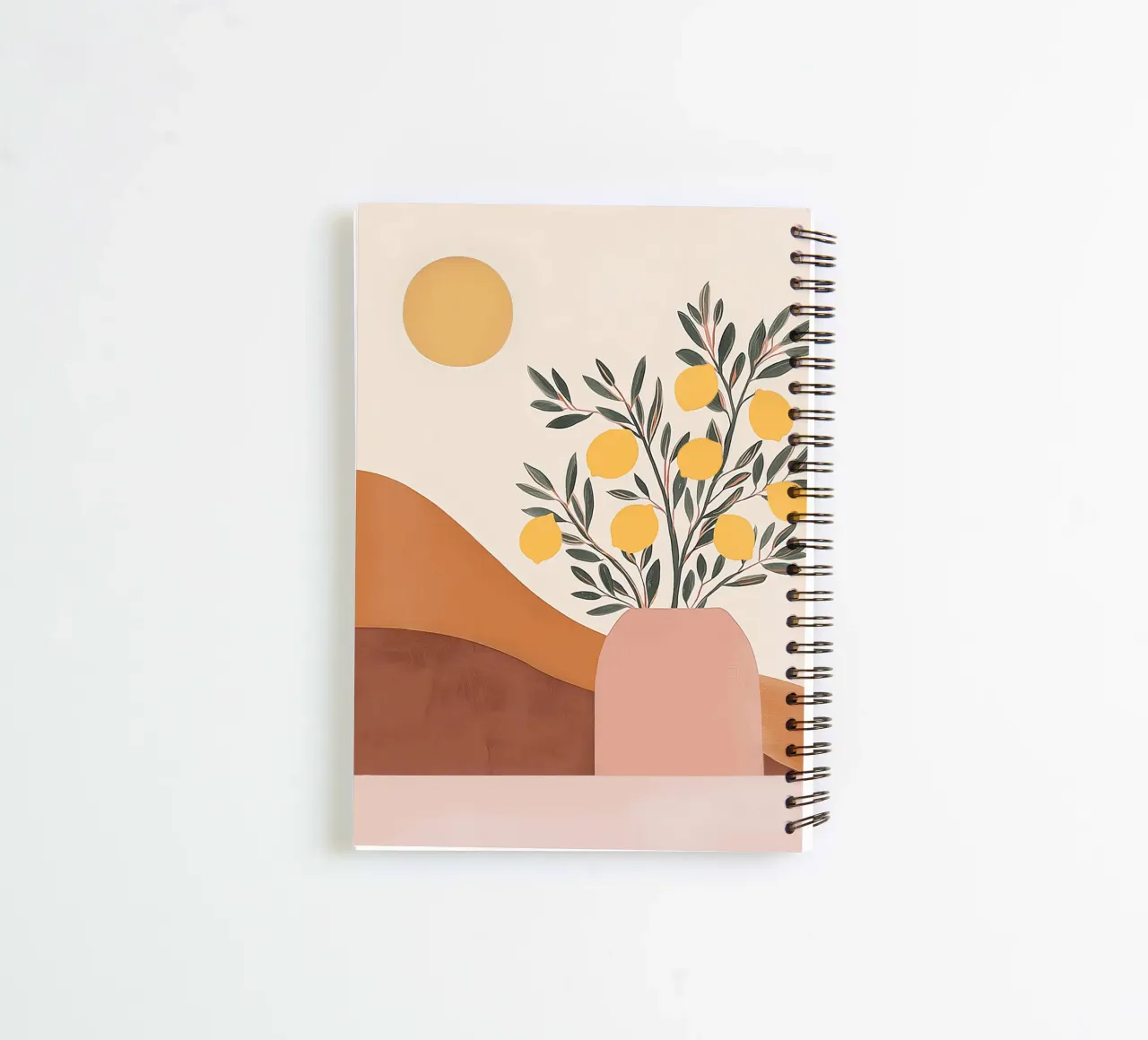 Boho Lemon Plant in Vase with Abstract Mountain Moon Art spiral notebook by Gentle Echoes Art