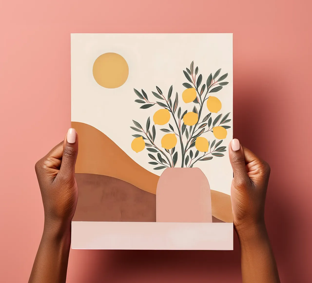 Boho Zitronenpflanze in Vase mit abstrakter Bergmond Kunst Stickerbogen von Gentle Echoes Art
