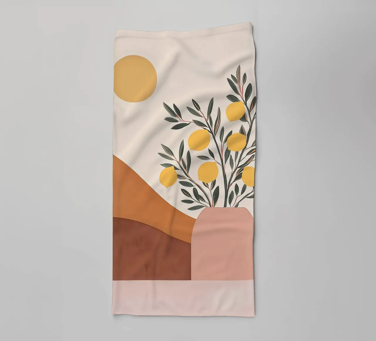 Boho Lemon Plant in Vase with Abstract Mountain Moon Art towel by Gentle Echoes Art
