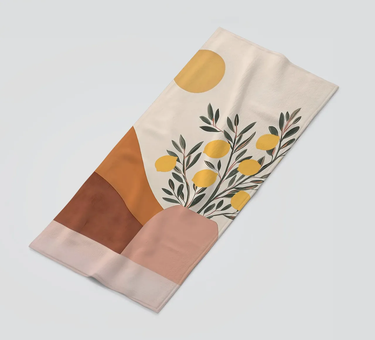 Boho Lemon Plant in Vase with Abstract Mountain Moon Art beach towel by Gentle Echoes Art