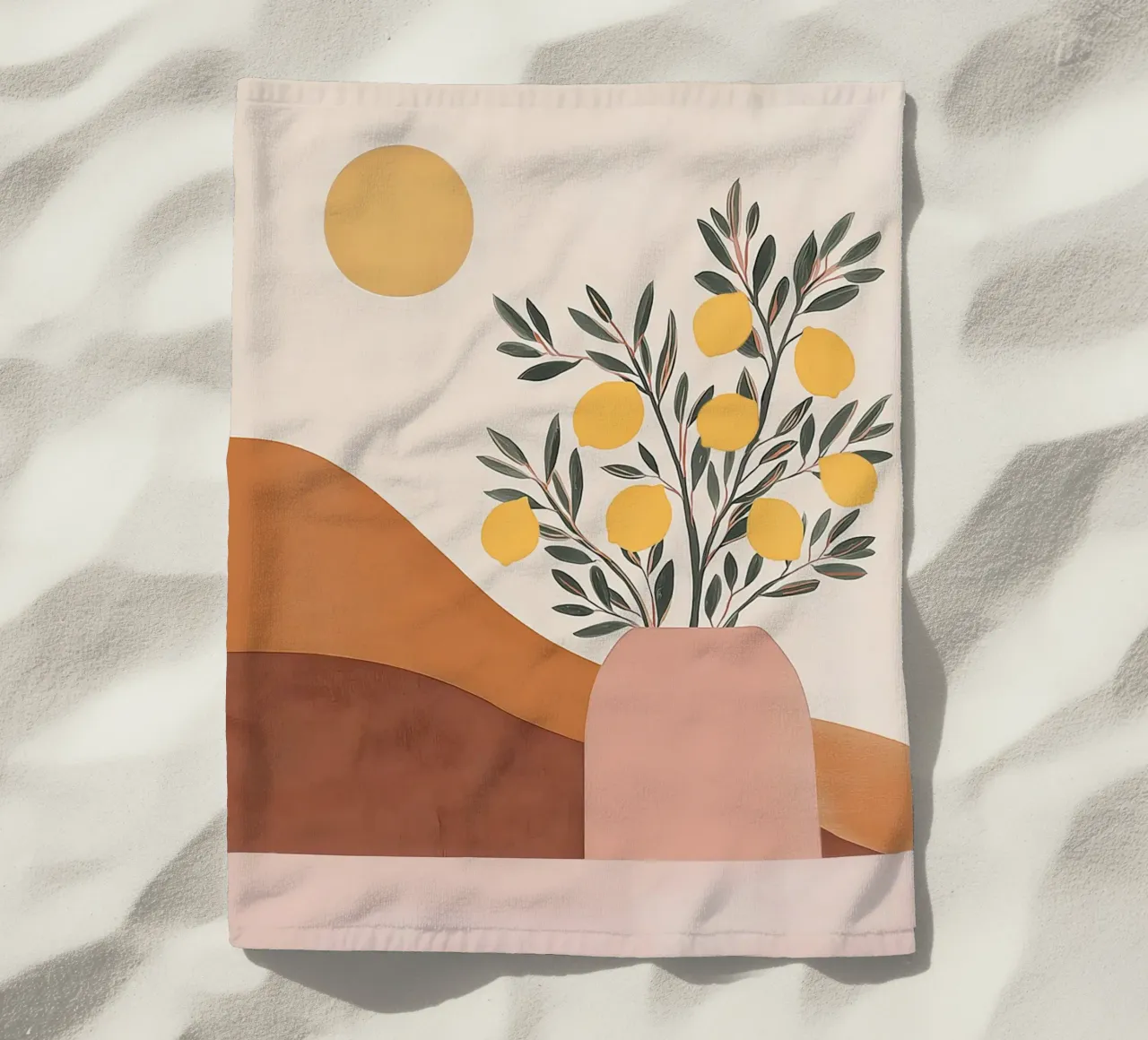 Boho Lemon Plant in Vase with Abstract Mountain Moon Art beach towel by Gentle Echoes Art