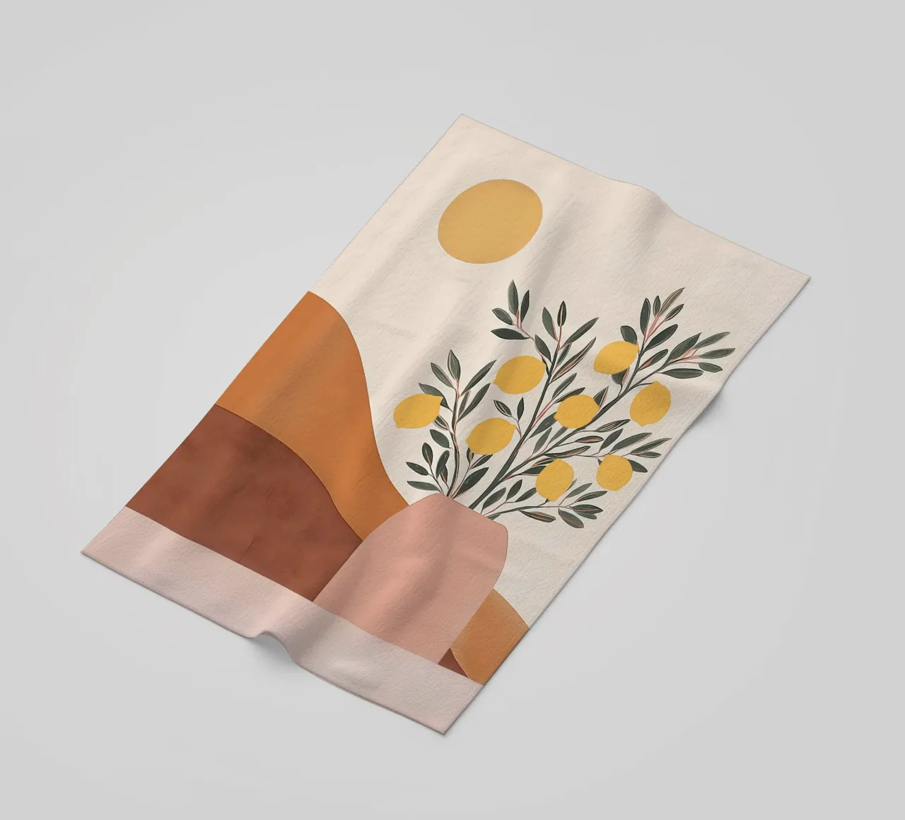 Boho Lemon Plant in Vase with Abstract Mountain Moon Art beach towel by Gentle Echoes Art