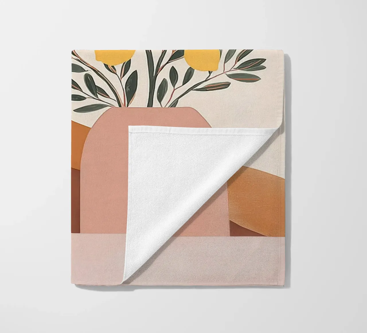 Boho Lemon Plant in Vase with Abstract Mountain Moon Art beach towel by Gentle Echoes Art