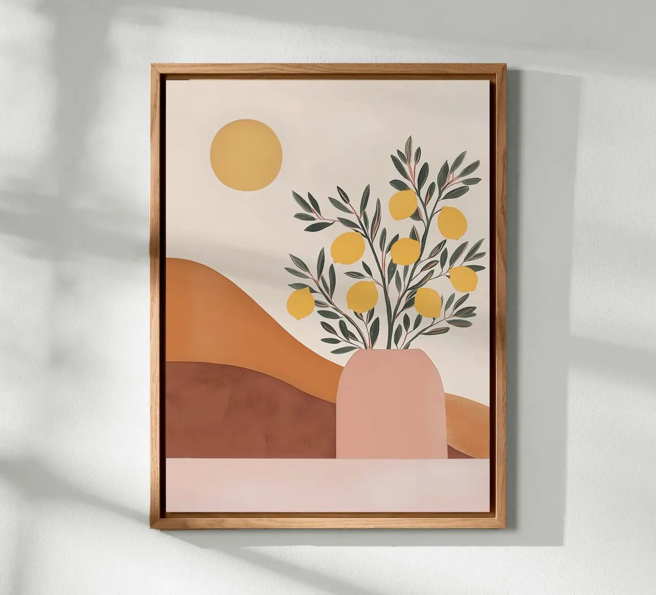 Boho Lemon Plant in Vase with Abstract Mountain Moon Art alu-dibond by Gentle Echoes Art
