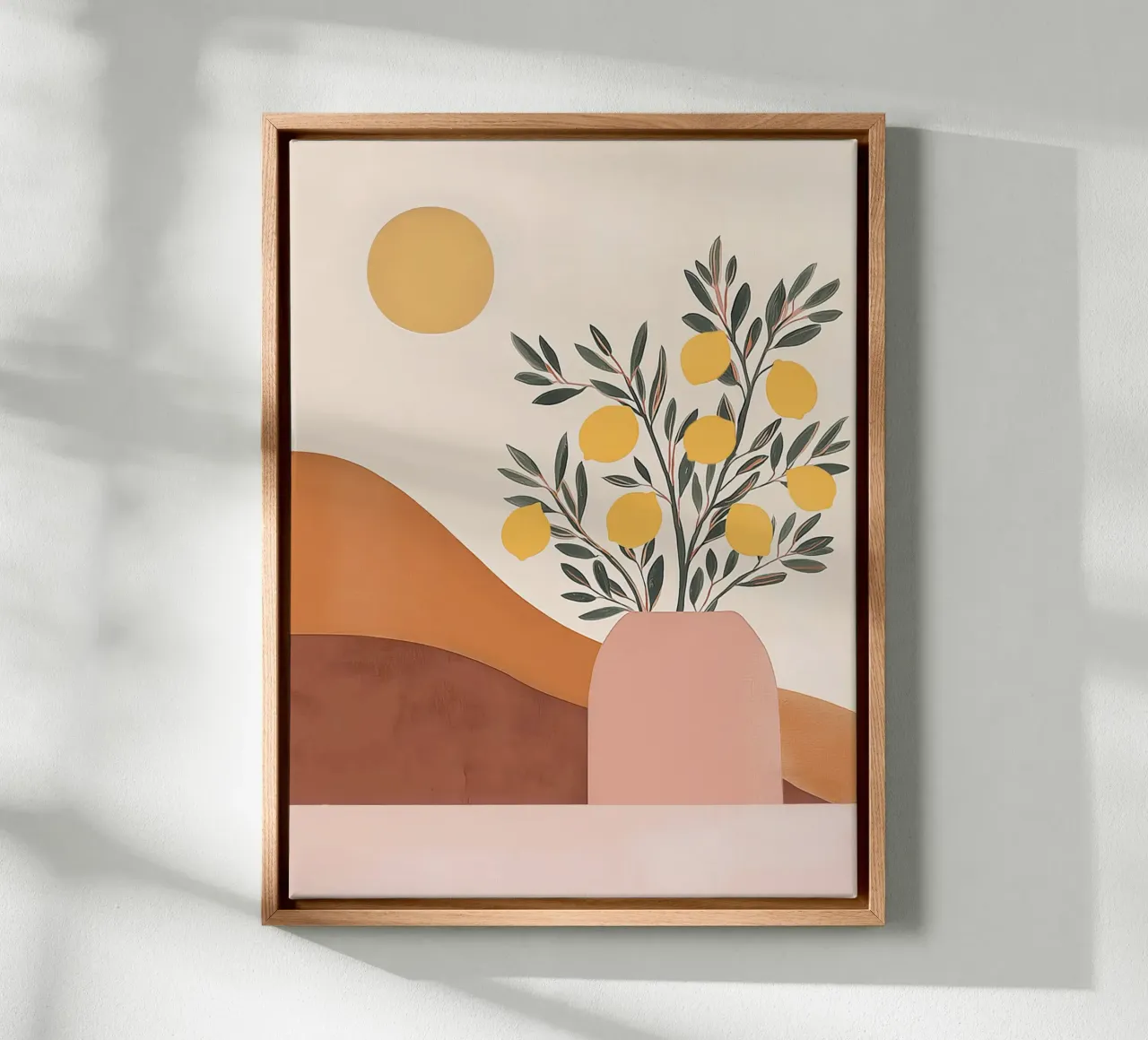 Boho Lemon Plant in Vase with Abstract Mountain Moon Art canvas by Gentle Echoes Art