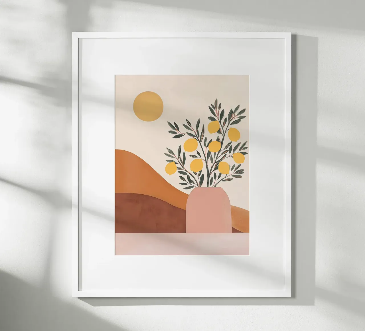 Boho Lemon Plant in Vase with Abstract Mountain Moon Art hahnemühle by Gentle Echoes Art