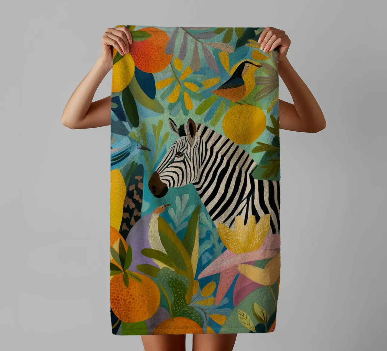 Zebra Paradise | Pittura naïf asciugamano da bagno da Autofocus