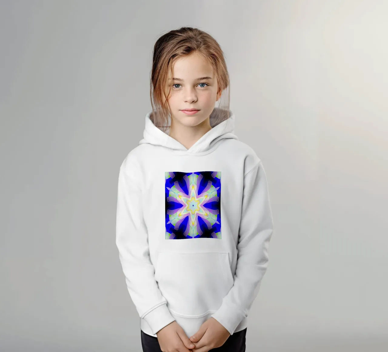 Kaleidoscope with ornate shapes in blue-purple-green colours kids hoodie by Gürsel Yesil Digital Art