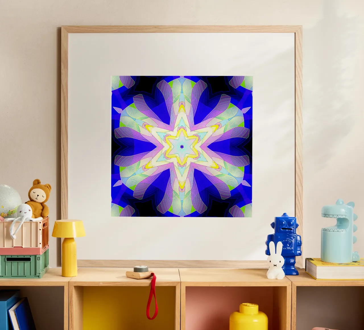 Kaléidoscope avec formes décorées en bleu, violet et vert poster de Gürsel Yesil Digital Art
