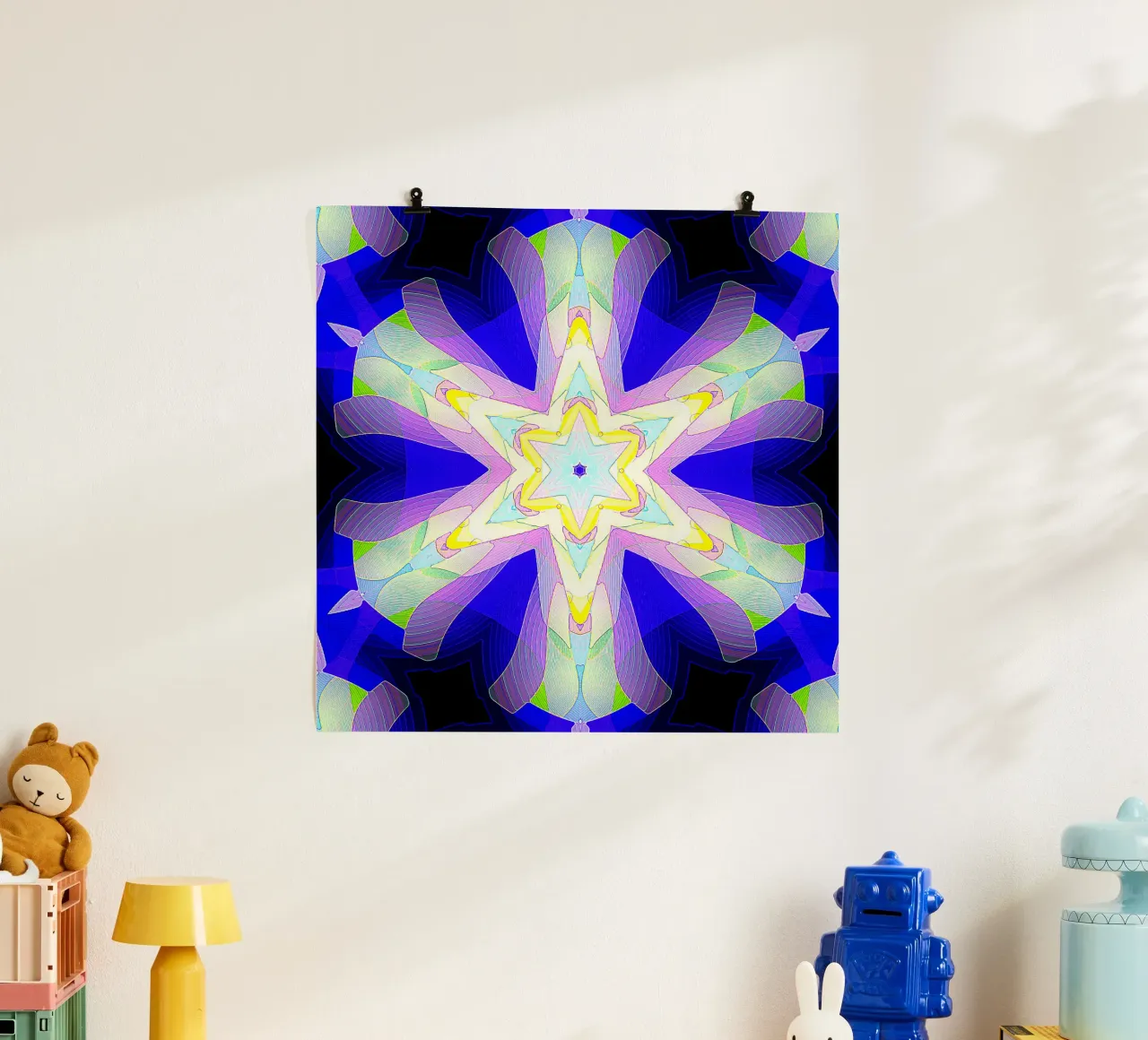 Kaléidoscope avec formes décorées en bleu, violet et vert poster de Gürsel Yesil Digital Art