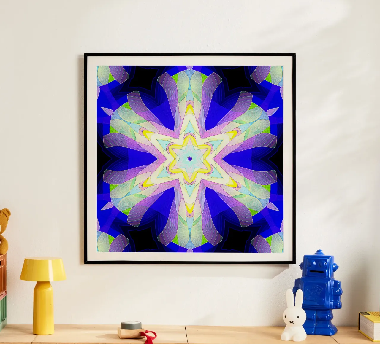 Kaléidoscope avec formes décorées en bleu, violet et vert poster de Gürsel Yesil Digital Art