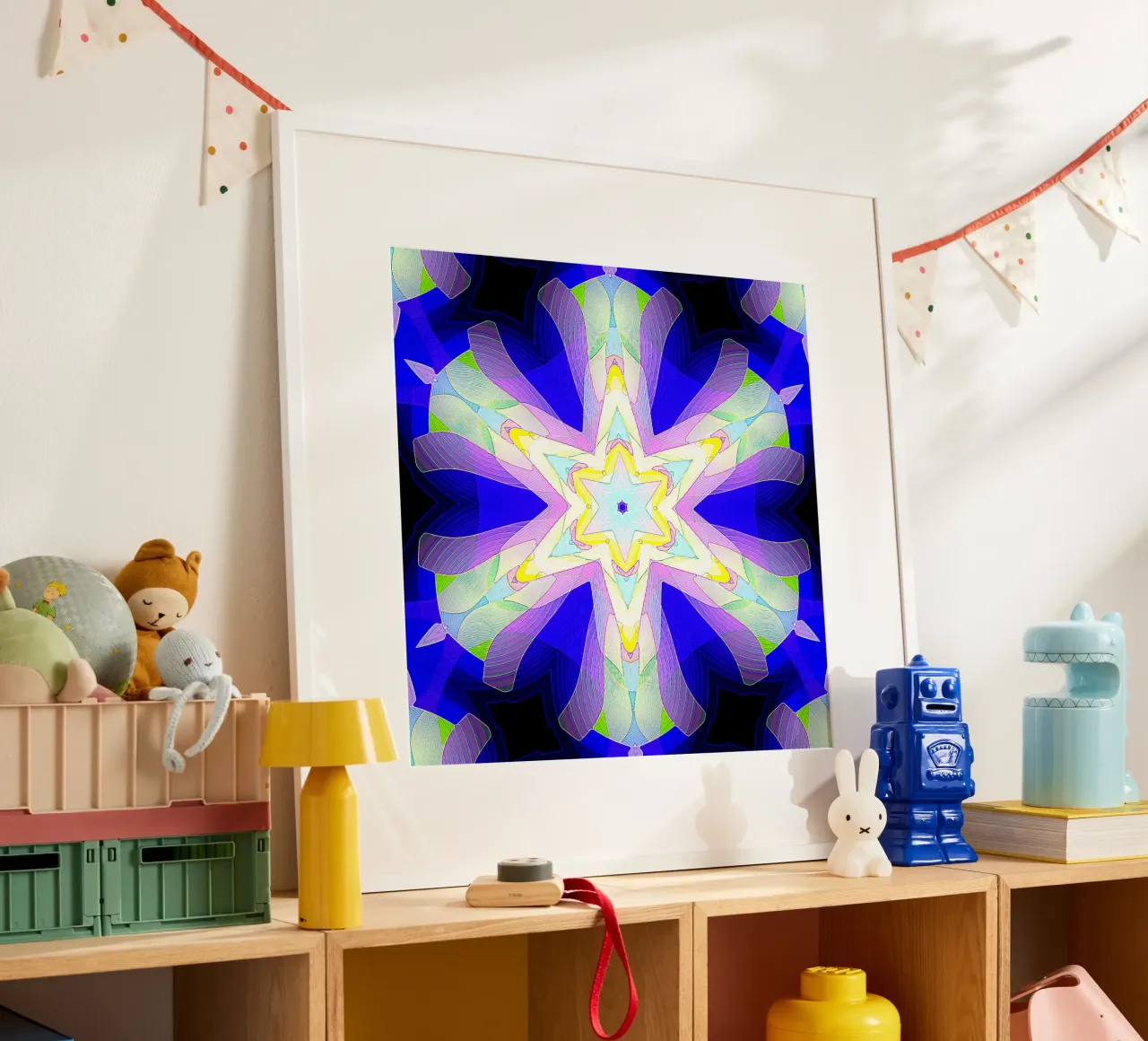 Kaléidoscope avec formes décorées en bleu, violet et vert poster de Gürsel Yesil Digital Art